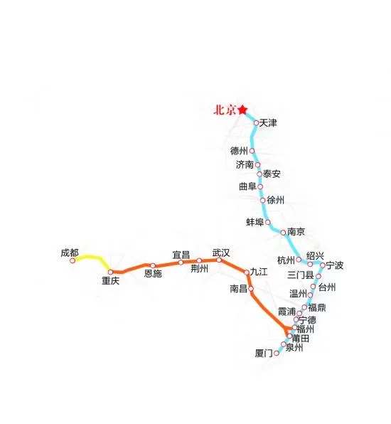 厦门北到重庆北D2232/4次动车组线路站点图