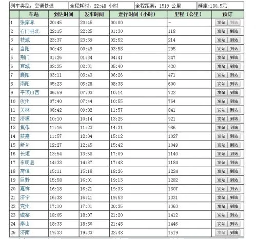 张家界至济南K1678次列车时刻表站点详情 硬座180.5元