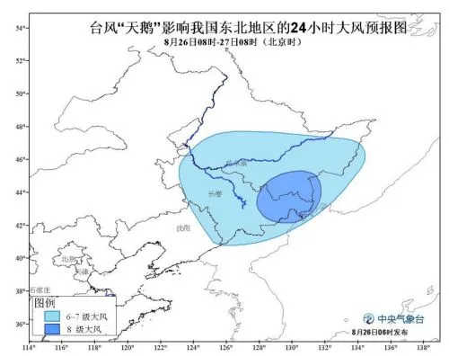 台风天鹅影响我国东北地区的24小时大风预报图