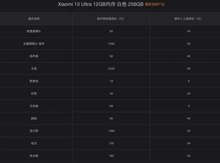 小米13ultra维修价格表小米13ultra换屏幕多少钱